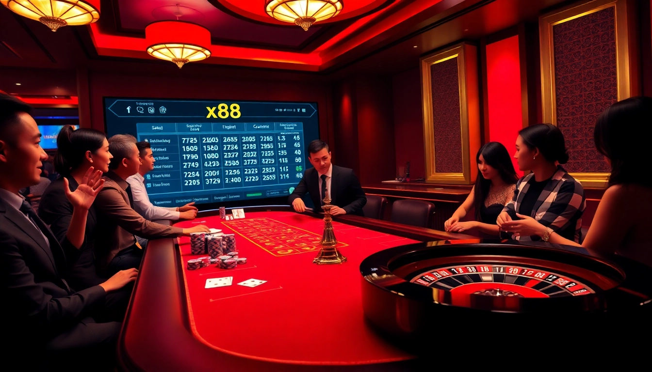 Players enjoying an intense game at an x88 casino table with vibrant chips and cards.