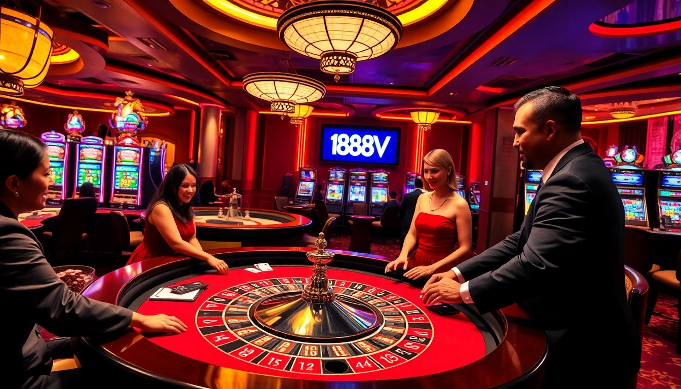 Exciting and luxurious casino scene showcasing players engaged with 188V at roulette tables and slot machines.