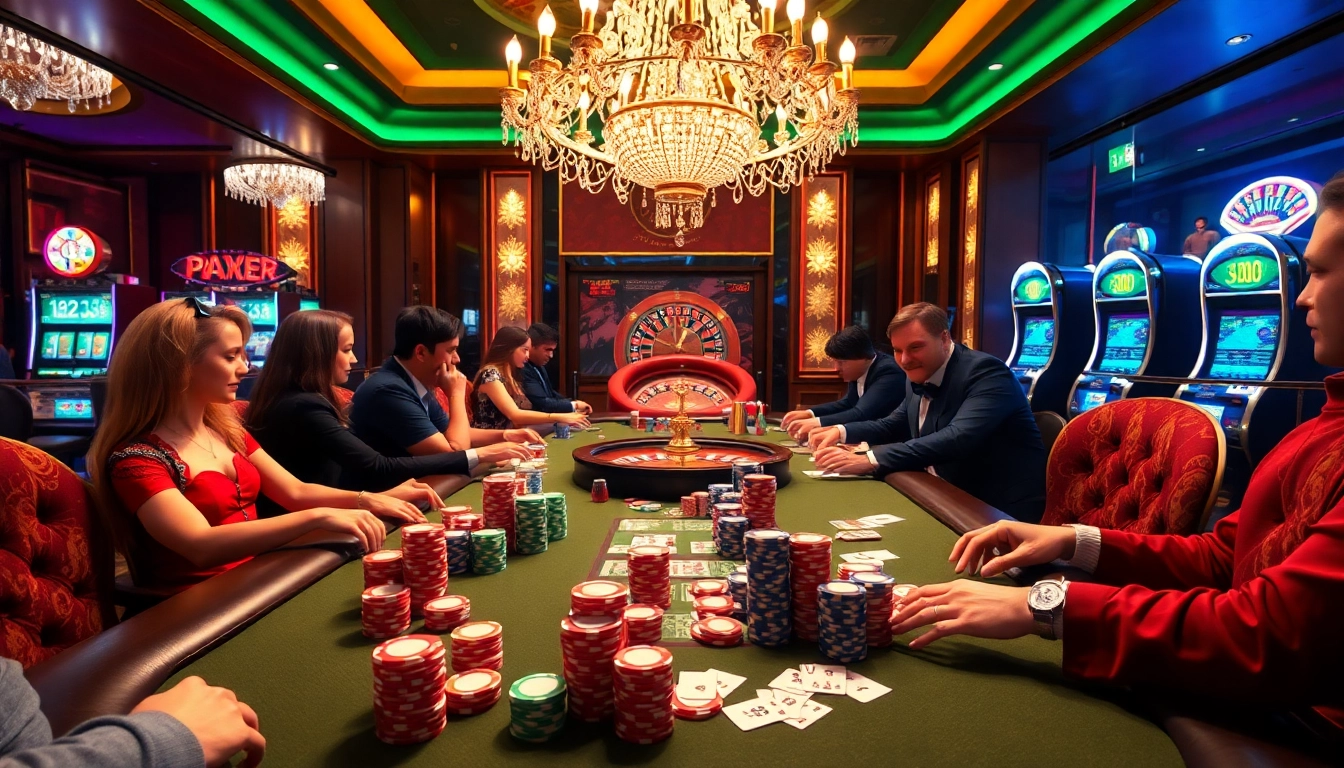 Experience thrilling gameplay at sky88.com with vibrant poker chips and an elegant casino atmosphere.