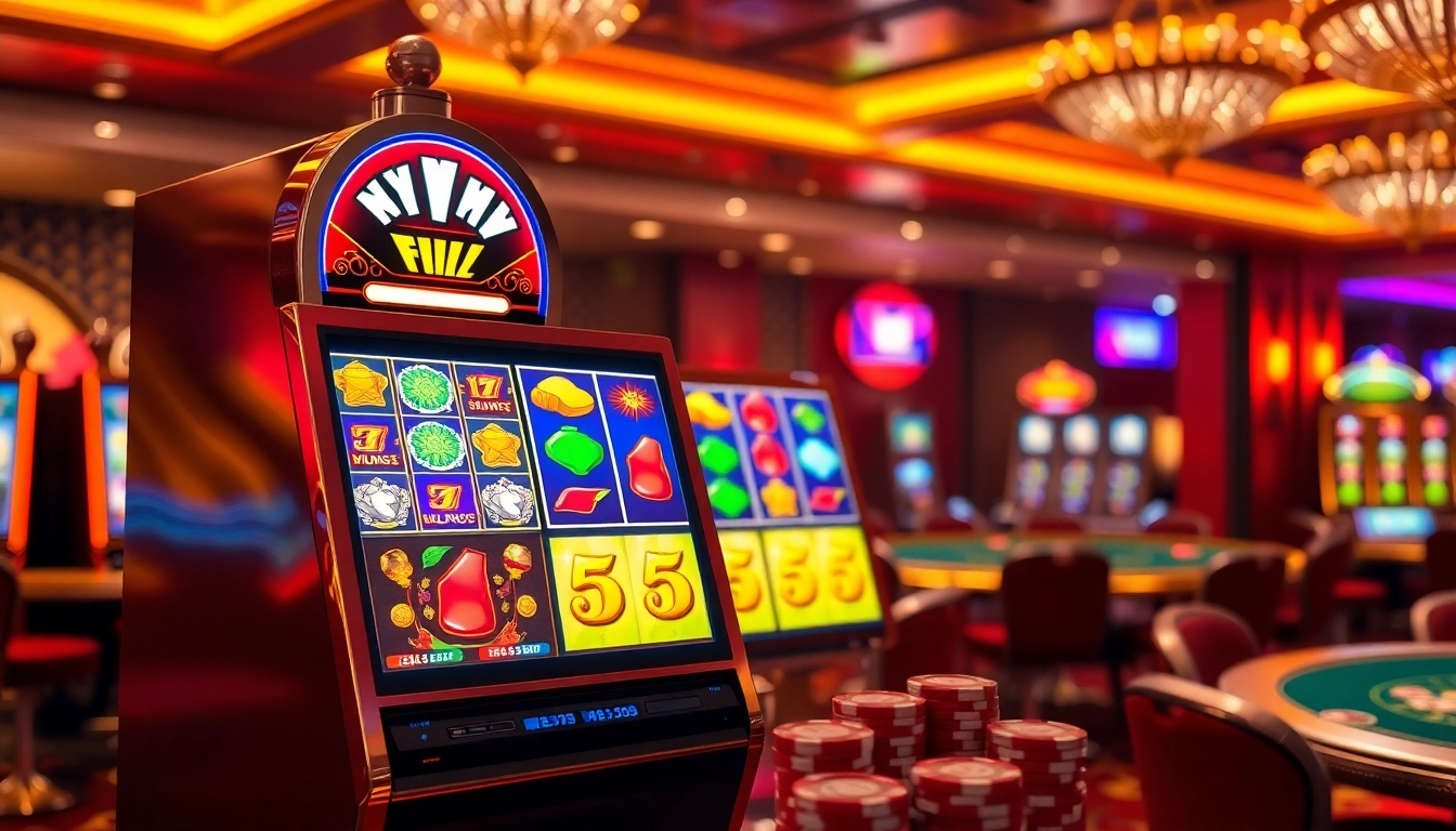 Exciting nổ hũ slot machine showcasing vibrant lights and chips in a luxurious casino setting.