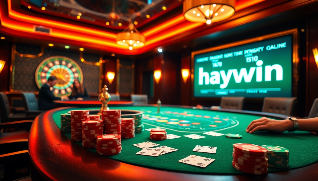 Players engaging in a high-stakes poker game at a luxurious casino, featuring "haywin" branding.