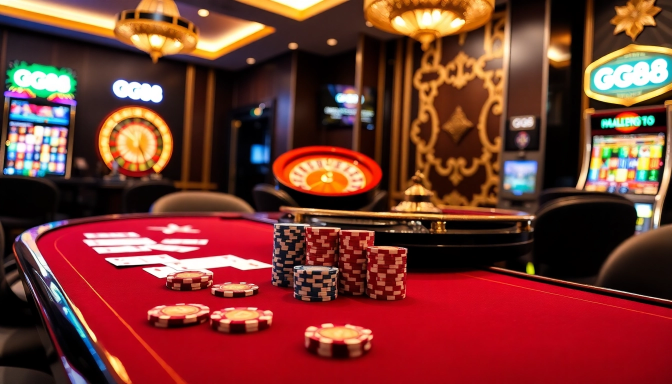 Experience the excitement of GG88 with professional poker gameplay at a luxurious casino table.