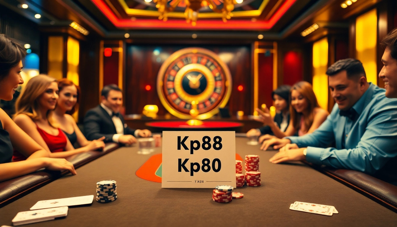 Kp88 poker table scene with enthusiastic players and vibrant casino ambiance.