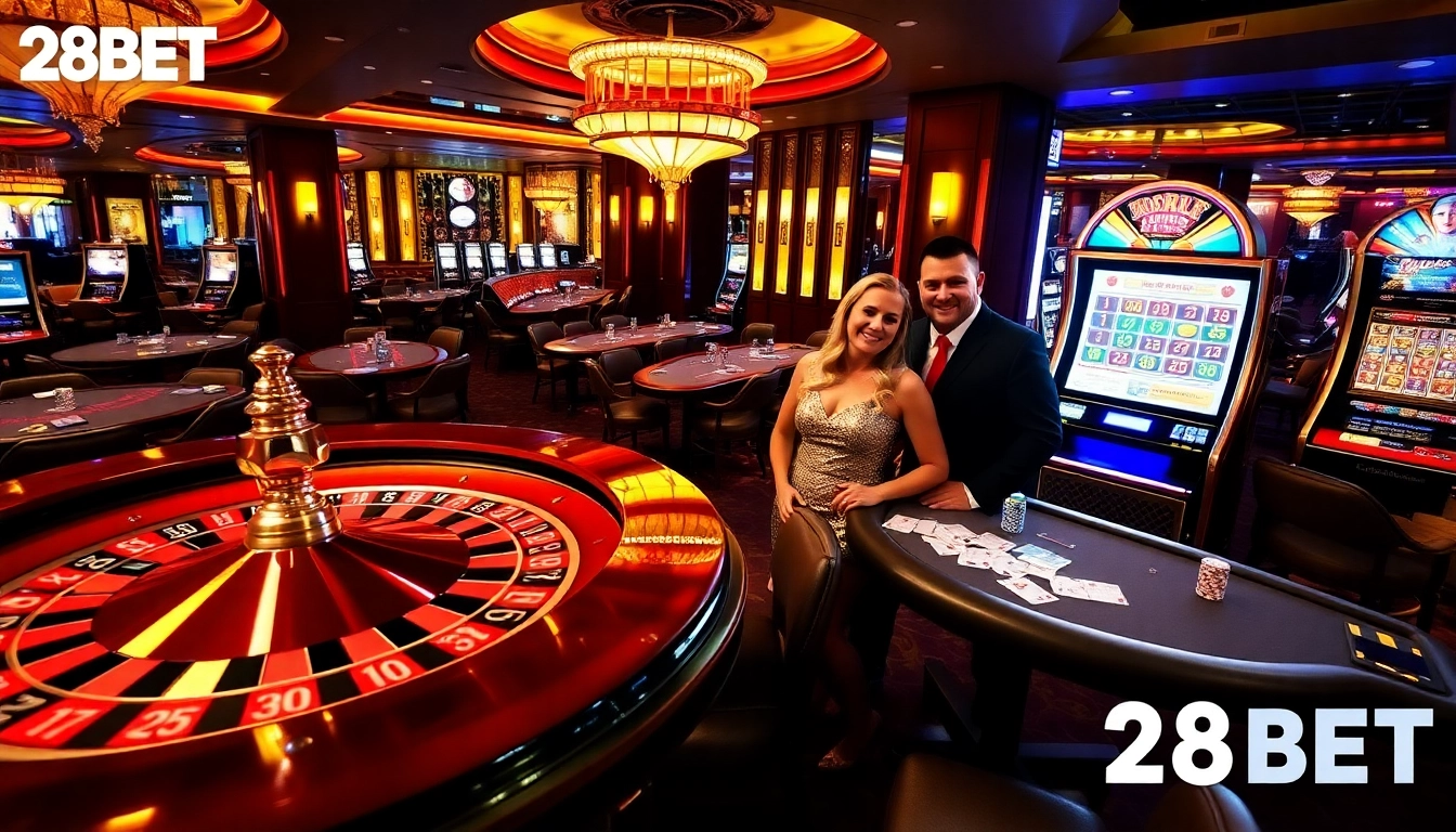 Excited players enjoy the thrilling experience of 28BET casino games featuring cards, roulette wheel, and vibrant lighting.