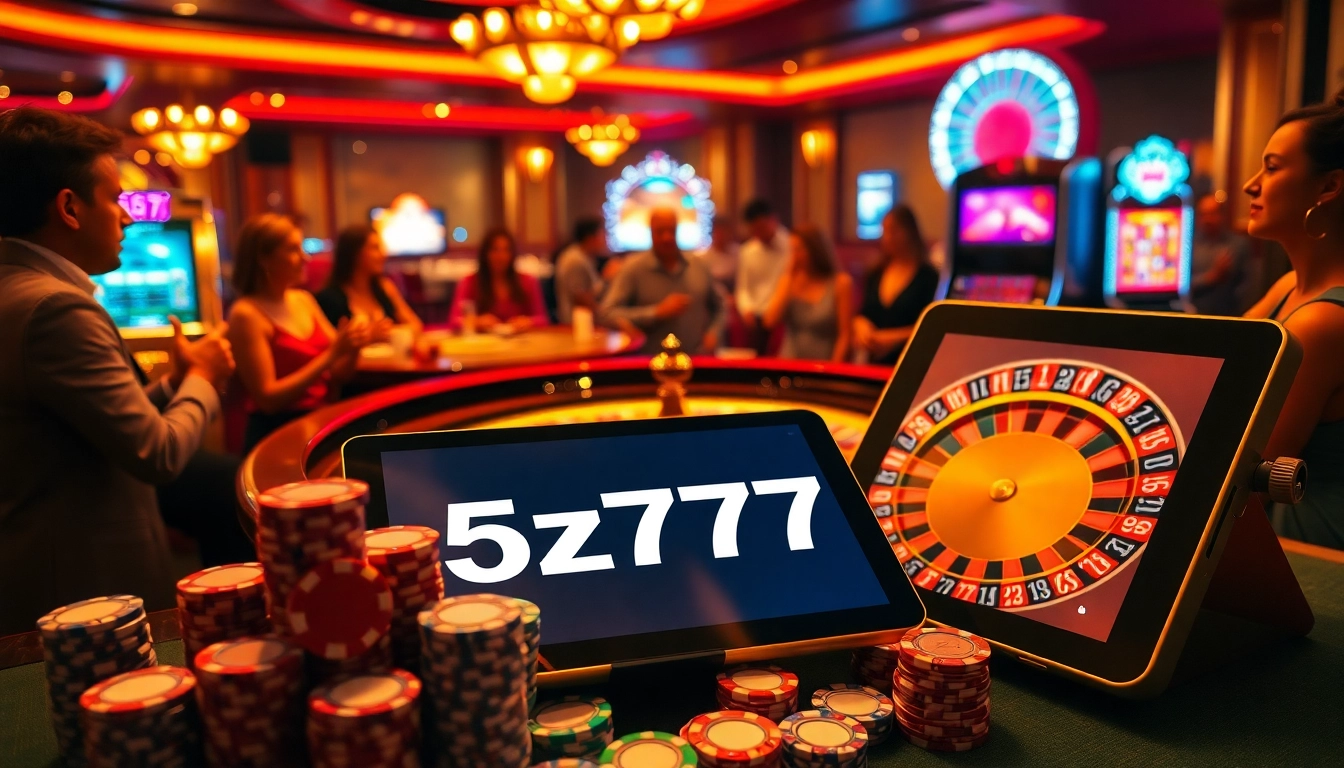 Experience the thrill of 5z777 gaming at a luxurious casino with roulette and poker chips.