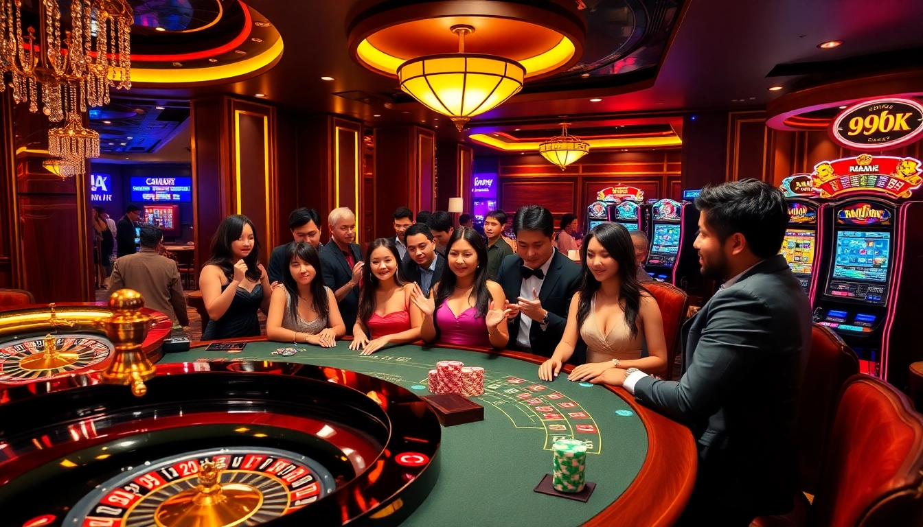 Excited gamblers enjoying games at a luxurious 99ok casino, showcasing roulette and poker.