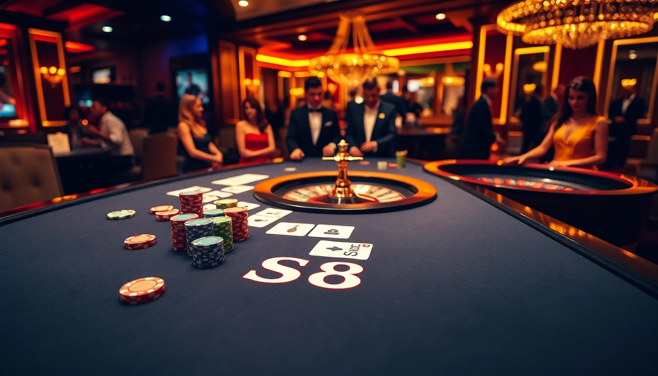 Engage in winning strategies at the S8 casino table with vibrant poker chips and cards.