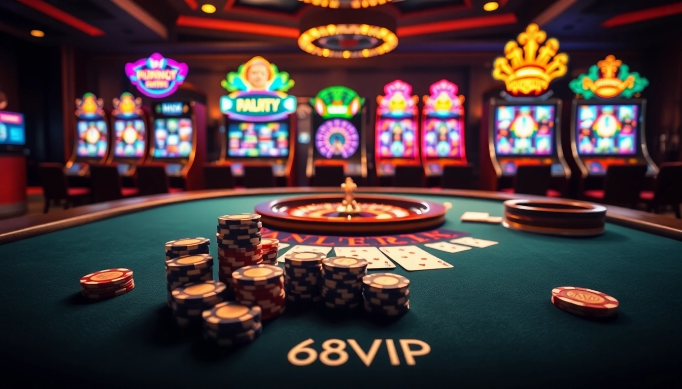 Experience the thrill of 68VIP at a luxurious blackjack table with vibrant casino elements.