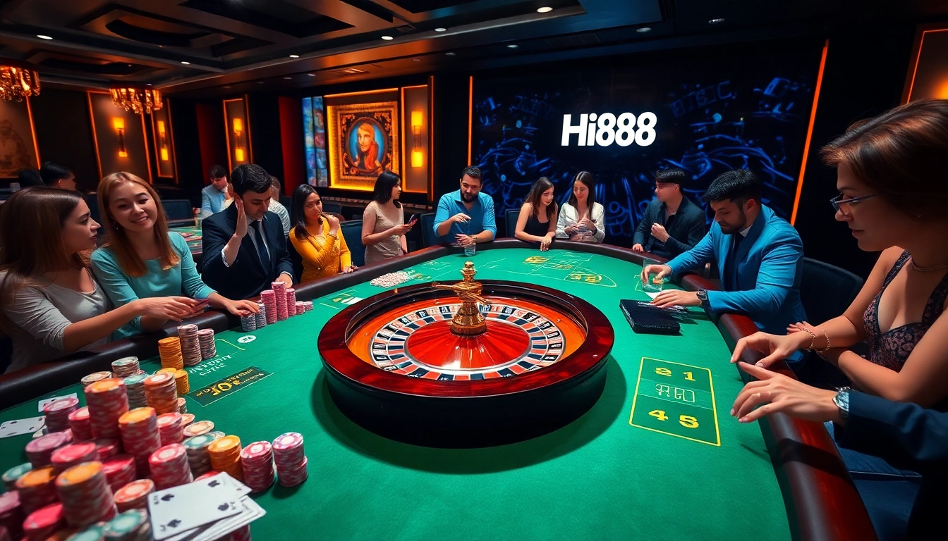 Engage in thrilling betting at Hi88's luxurious casino tables with vibrant chips and cards.