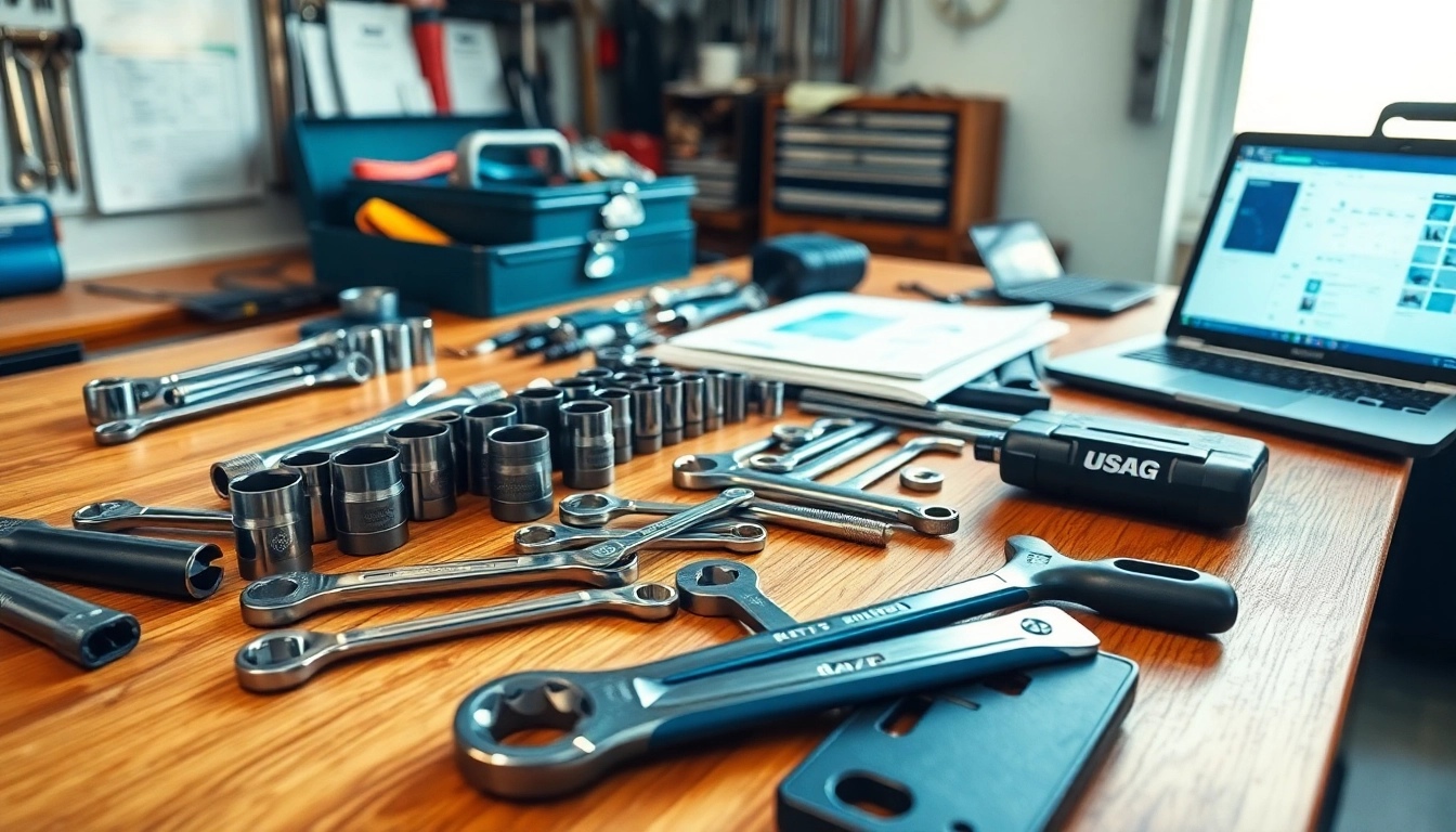 USAG tools displayed on a polished wooden workbench, showcasing professional hand tools and wrenches for mechanics.