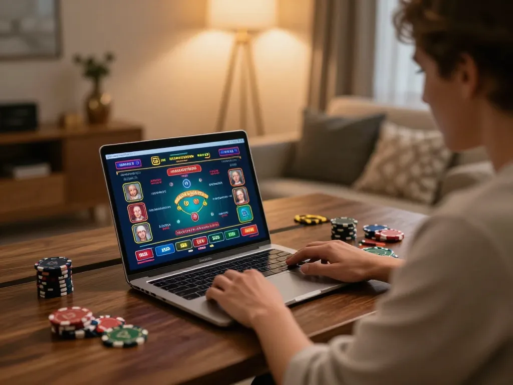 Player engaging with loto188 online casino on a laptop in a cozy home setting, showcasing responsible gaming atmosphere