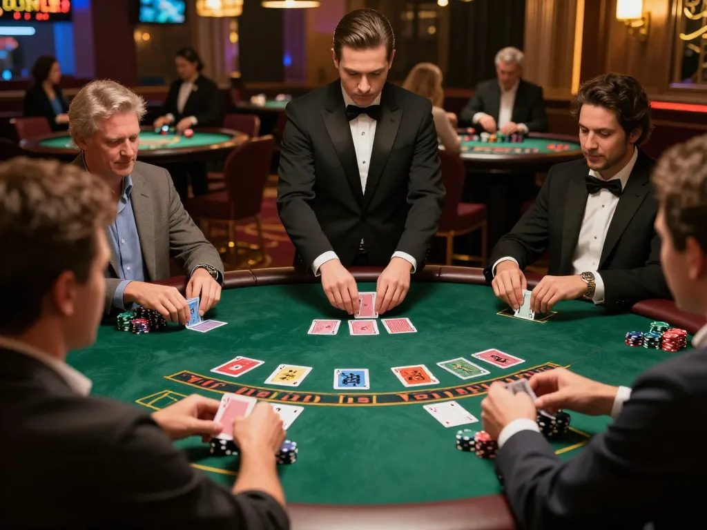 Players enjoying a lively game of blackjack at 68win casino table, vibrant atmosphere with engaging dealer and intense focus