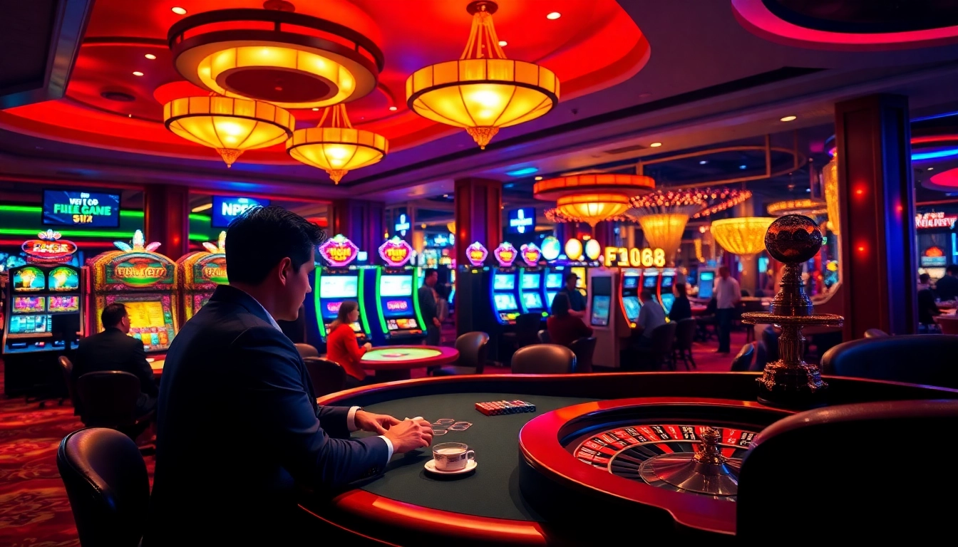 Exciting casino action at F168, showcasing poker and slot machines in a luxurious environment.
