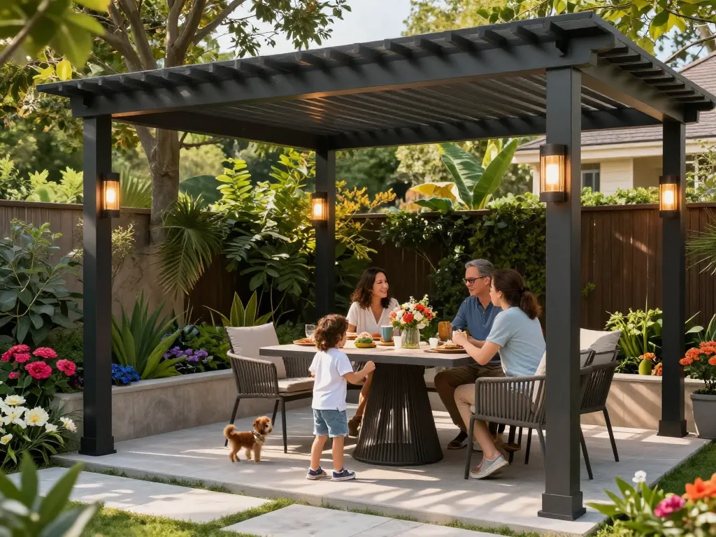 Family enjoying a relaxing day under a 3D pergola, surrounded by lush garden elements and warm sunlight.