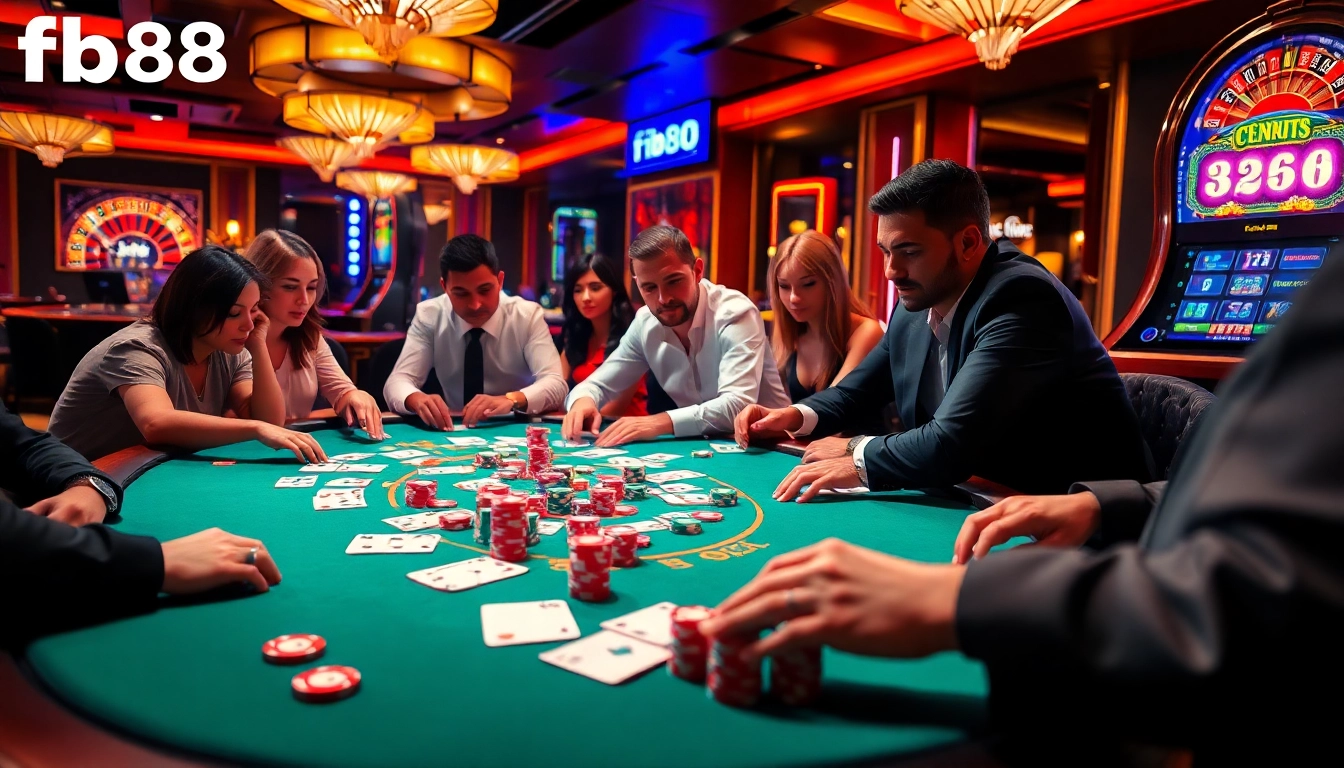 Exciting poker game scene showcasing fb88 branding with colorful chips and enthusiastic players.