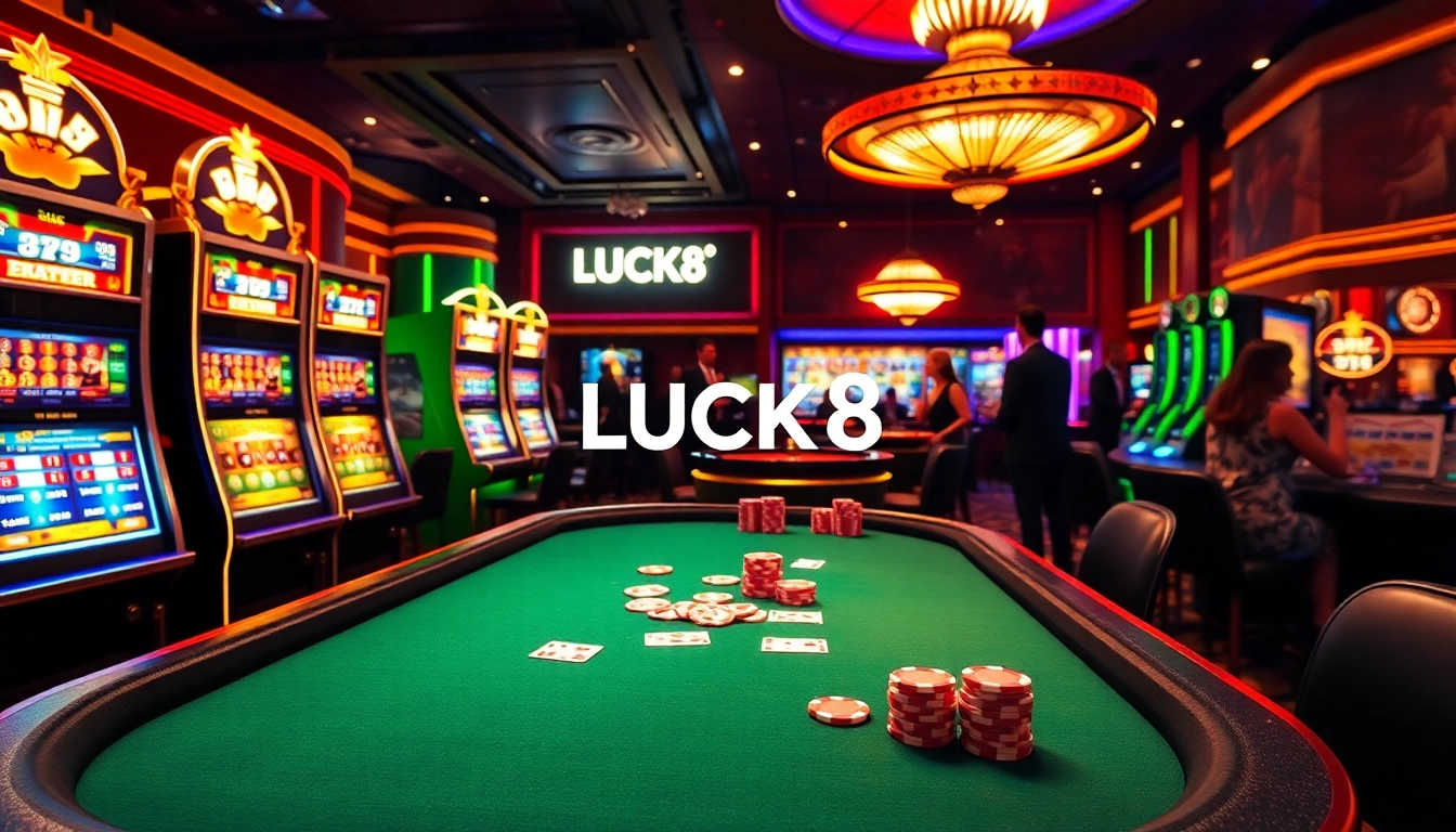 Experience the vibrant LUCK8 casino atmosphere with poker tables, slot machines, and excitement.