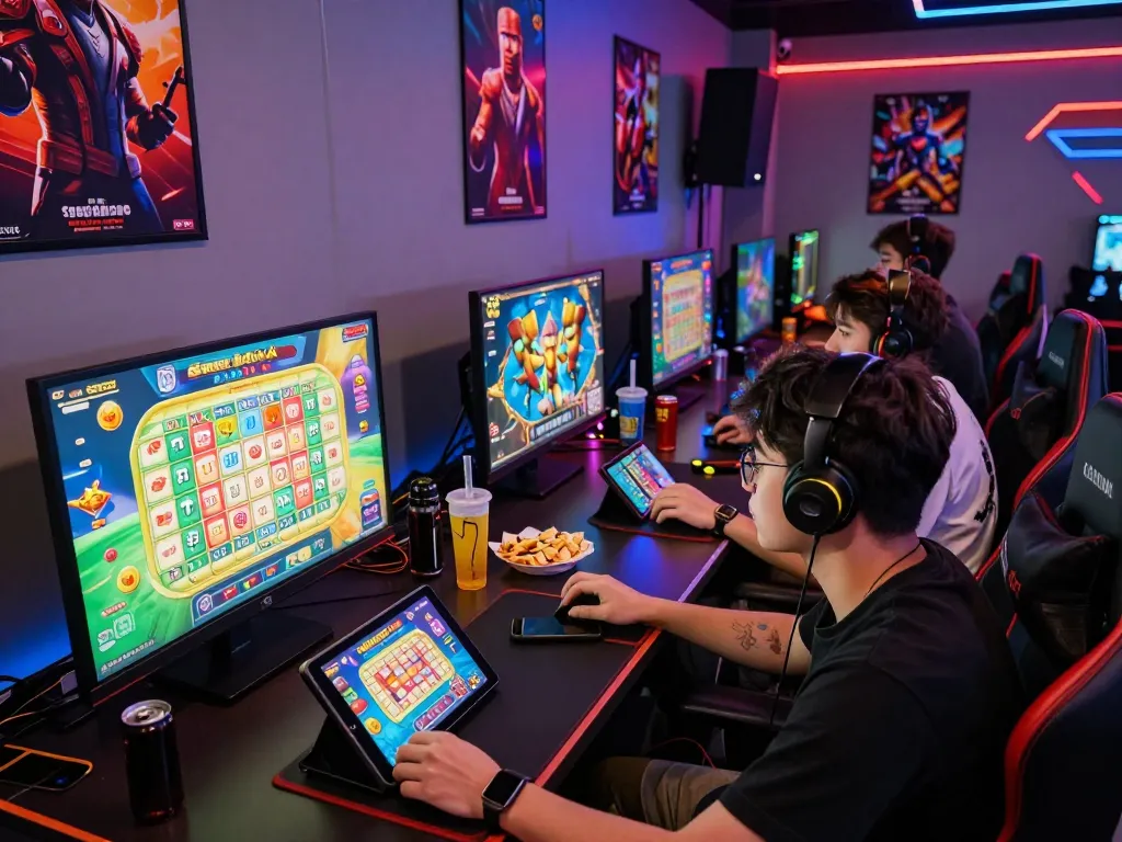 Enthusiastic friends gaming on popular platforms like https://max79.guru/ in a vibrant, modern gaming room.
