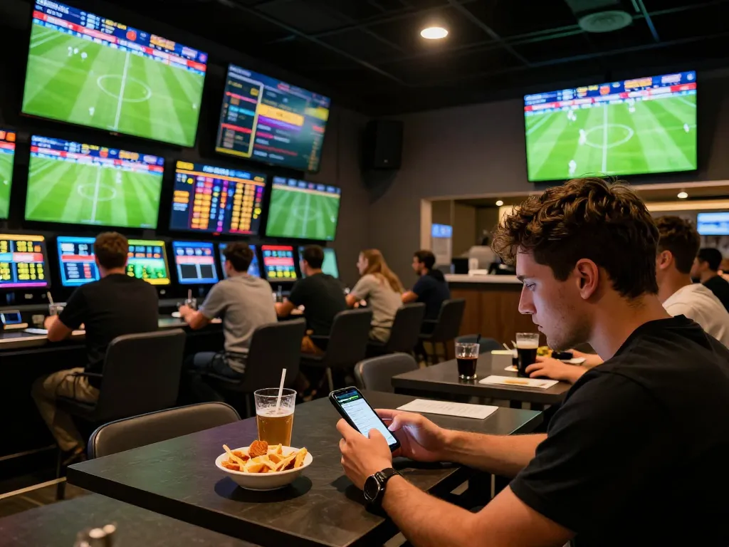 Engaging in live sports betting with sbobet app in vibrant lounge setting