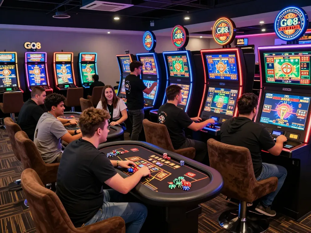 Exciting online gambling experience at GO8's vibrant gaming lounge, showcasing enthusiastic players and high-tech gaming displays.