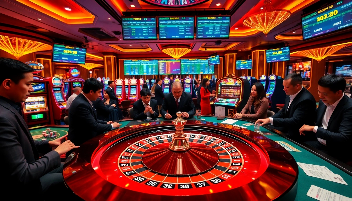 Players engaged in thrilling casino games at https://xn88.law/, featuring roulette, poker chips, and vibrant slot machines.