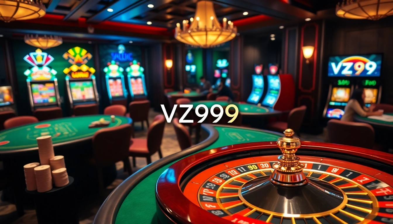 Players enjoy Vz99 casino games at luxurious tables, experiencing thrilling gambling moments.