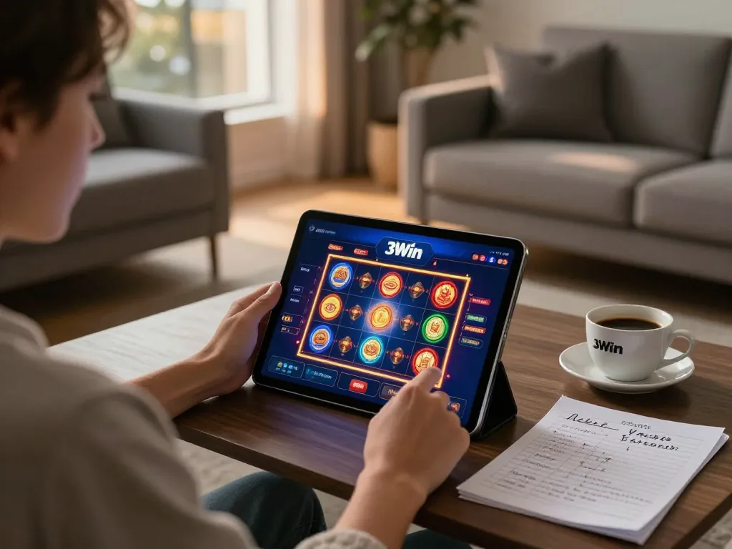 Player enjoying slot games on the 3Win app in a cozy home setup with strategic notes visible.