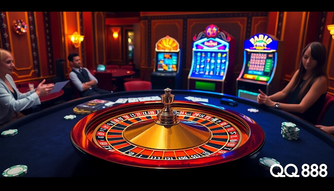 Experience QQ88's vibrant casino atmosphere with roulette, cards, and poker chips.