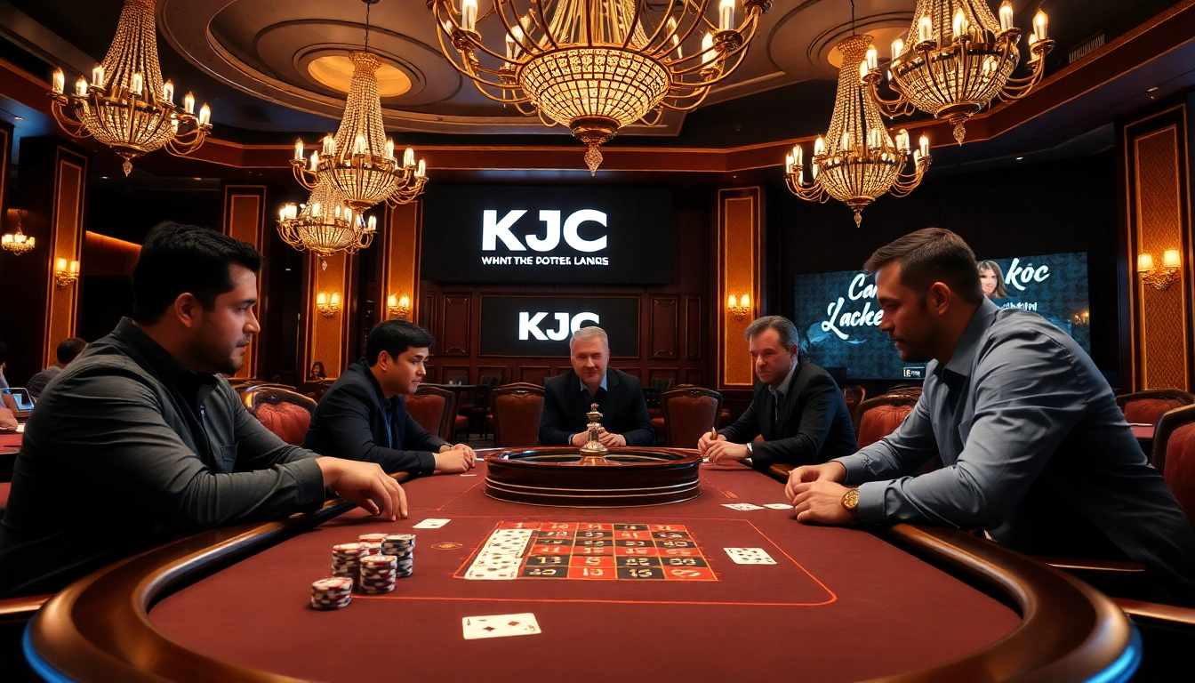 KJC poker players strategizing in a luxurious casino setting.