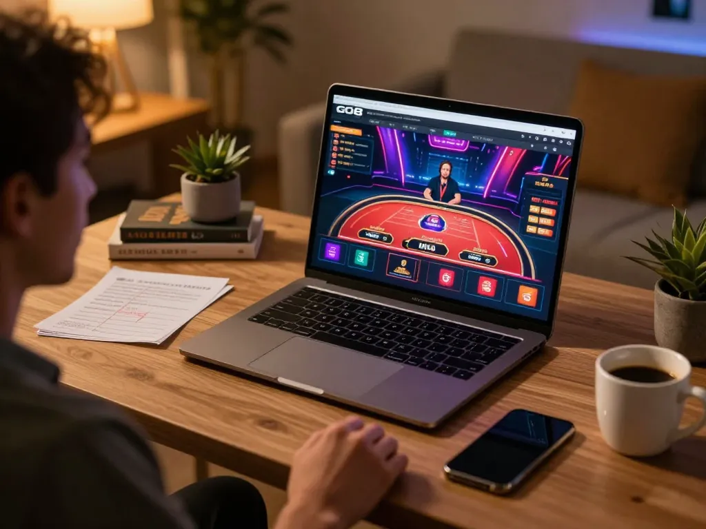 Engaged player enjoying the GO8 online casino experience on a laptop, showcasing vibrant graphics and a cozy environment