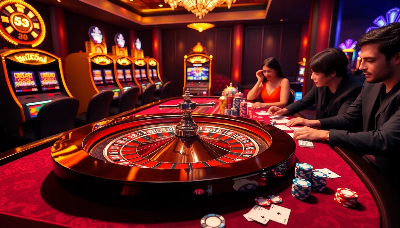 Players enjoy high-stakes gaming at Sky88 casino, featuring roulette and slot machines.