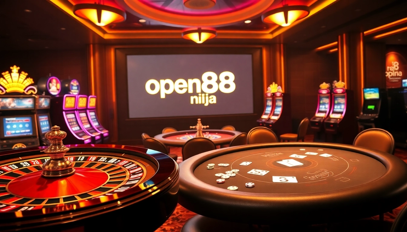 Experience the thrill of open88.ninja with an exciting casino scene featuring roulette, poker tables, and slot machines.