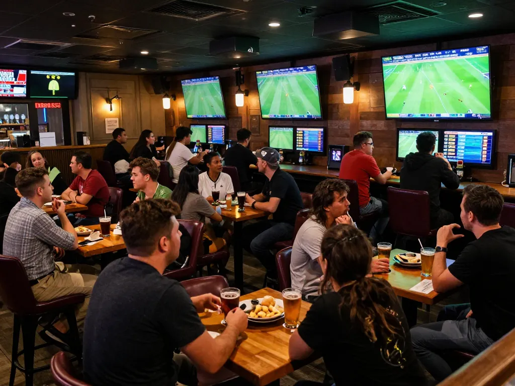 Follow kết quả bóng đá with excitement at a lively sports bar, featuring live games and betting screens.
