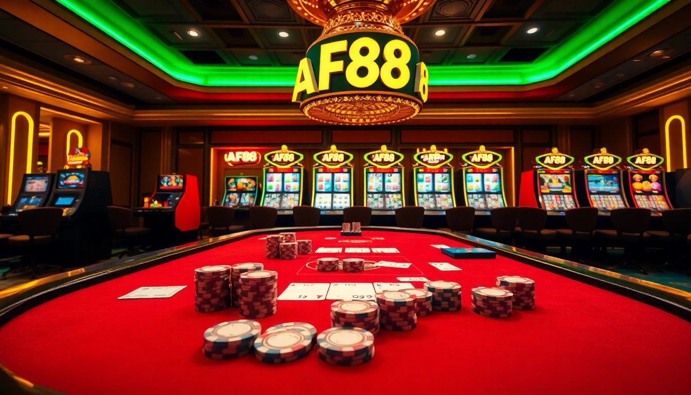 Experience the thrilling AF88 casino atmosphere with poker chips and vibrant slot machines.