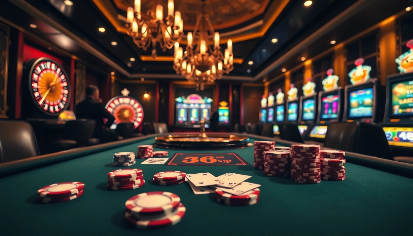 Experience high-stakes excitement at 68VIP with luxurious casino tables and vibrant slot machines.