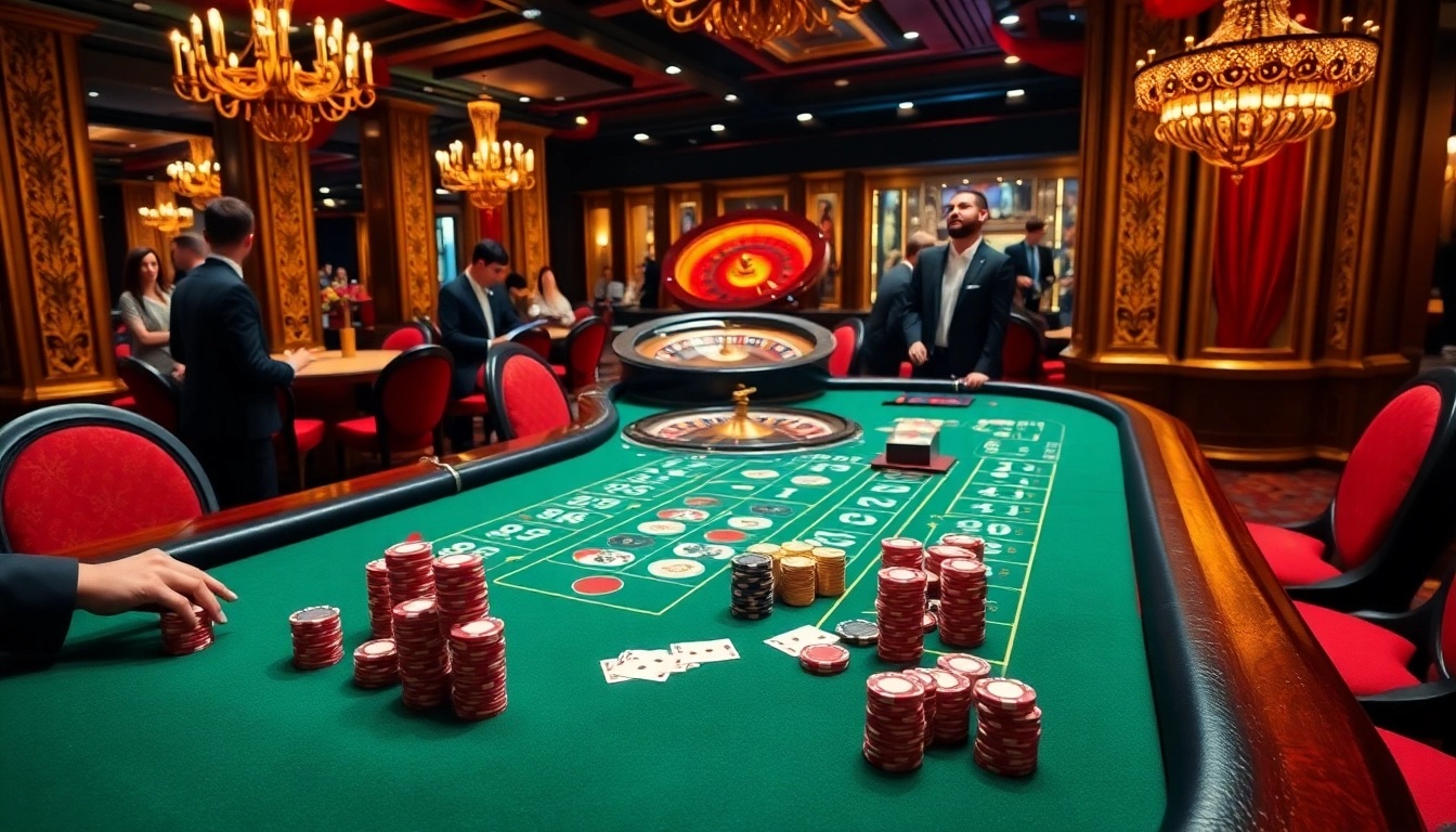 The excitement of gambling at https://98winii.com/, showcasing baccarat tables and elegant players in a luxurious casino.