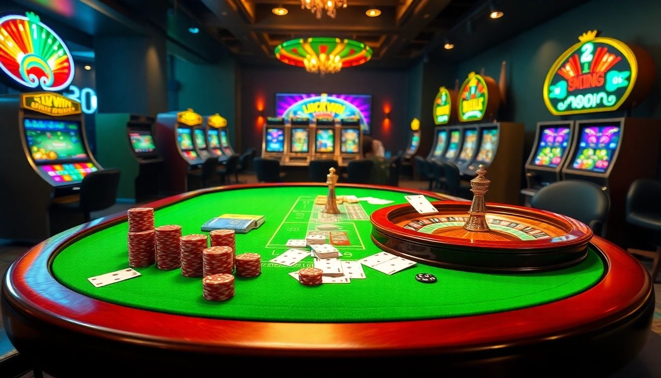 Exciting gameplay at Luckywin casino featuring poker chips, cards, and rich casino decor.