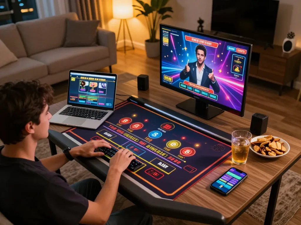 Red88 player engaging live dealer on tablet interface, stylish home gaming setup and vibrant lights