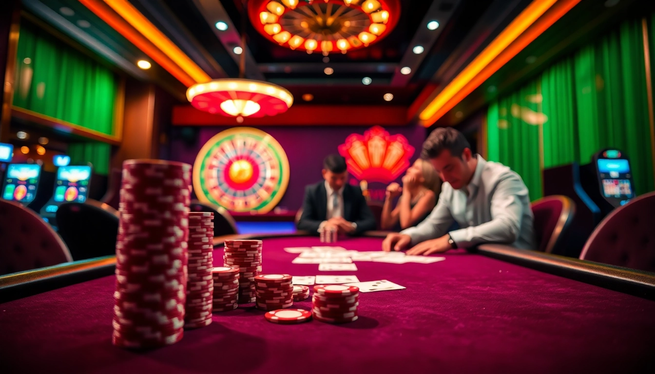 Experience the thrill of TT88 poker with vibrant chips and cards in a luxurious casino setting.