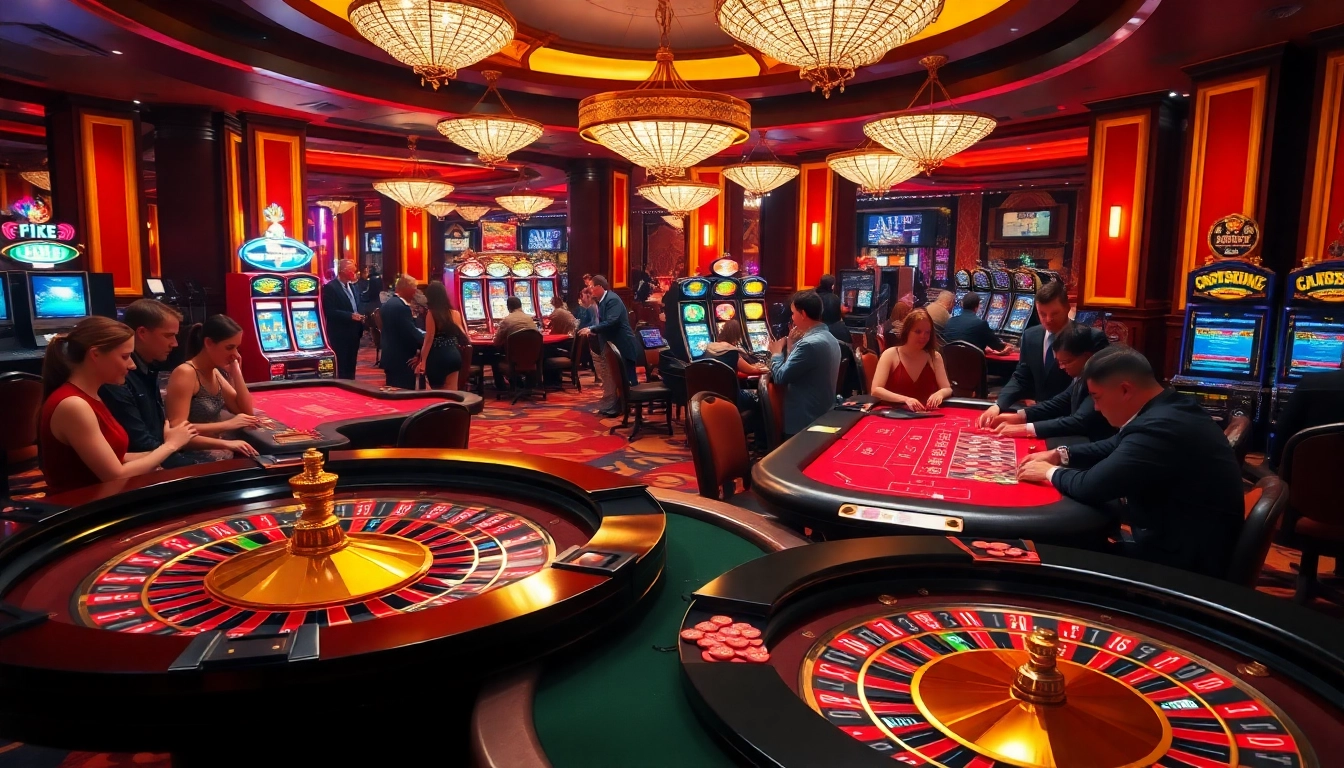 Engaging gamblers at vibrant FIVE88 casino tables with roulette and poker action.