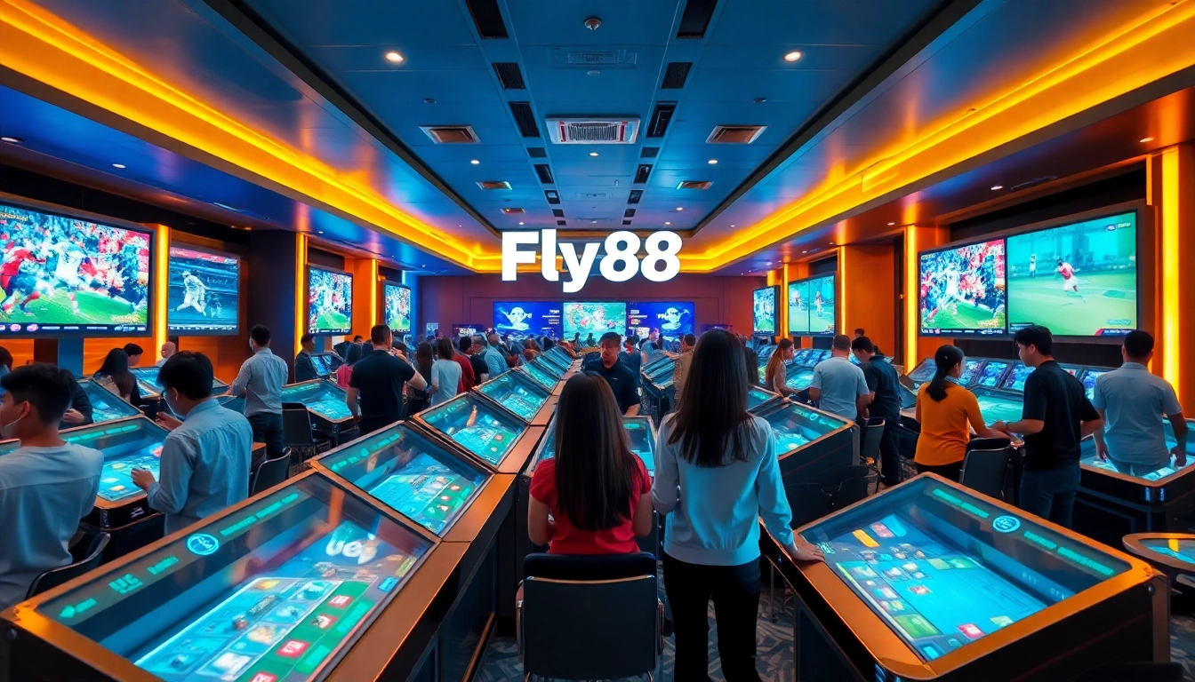 Experience the excitement of Fly88 in a vibrant, modern online gambling setting with diverse players engaging with digital games.
