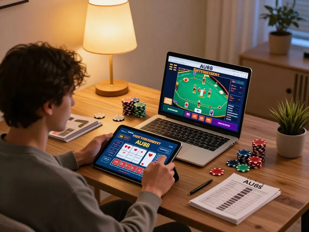 Engaging AU88 online gaming scene with a user interacting with a casino app and strategic betting notes.
