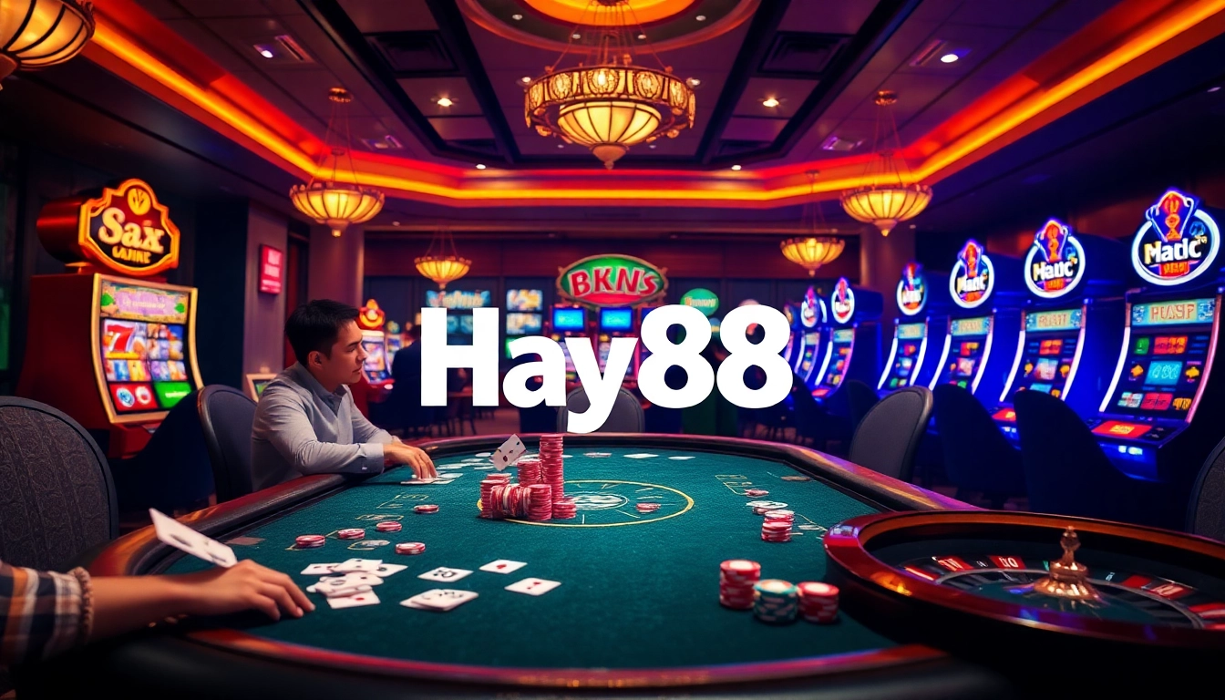 Engaged players at Hay88 casino table amidst vivid gaming atmosphere.