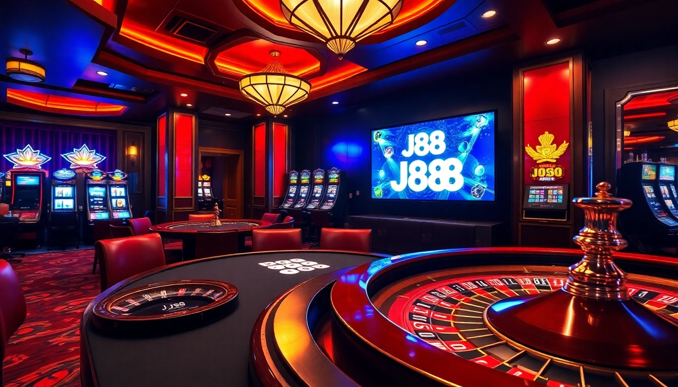 Experience thrilling gaming at J88's elegant casino, featuring poker tables and roulette wheels.