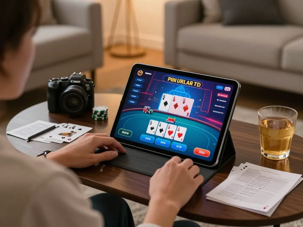Engaging in online casino gameplay on EE88 with vibrant poker interface in cozy living environment.
