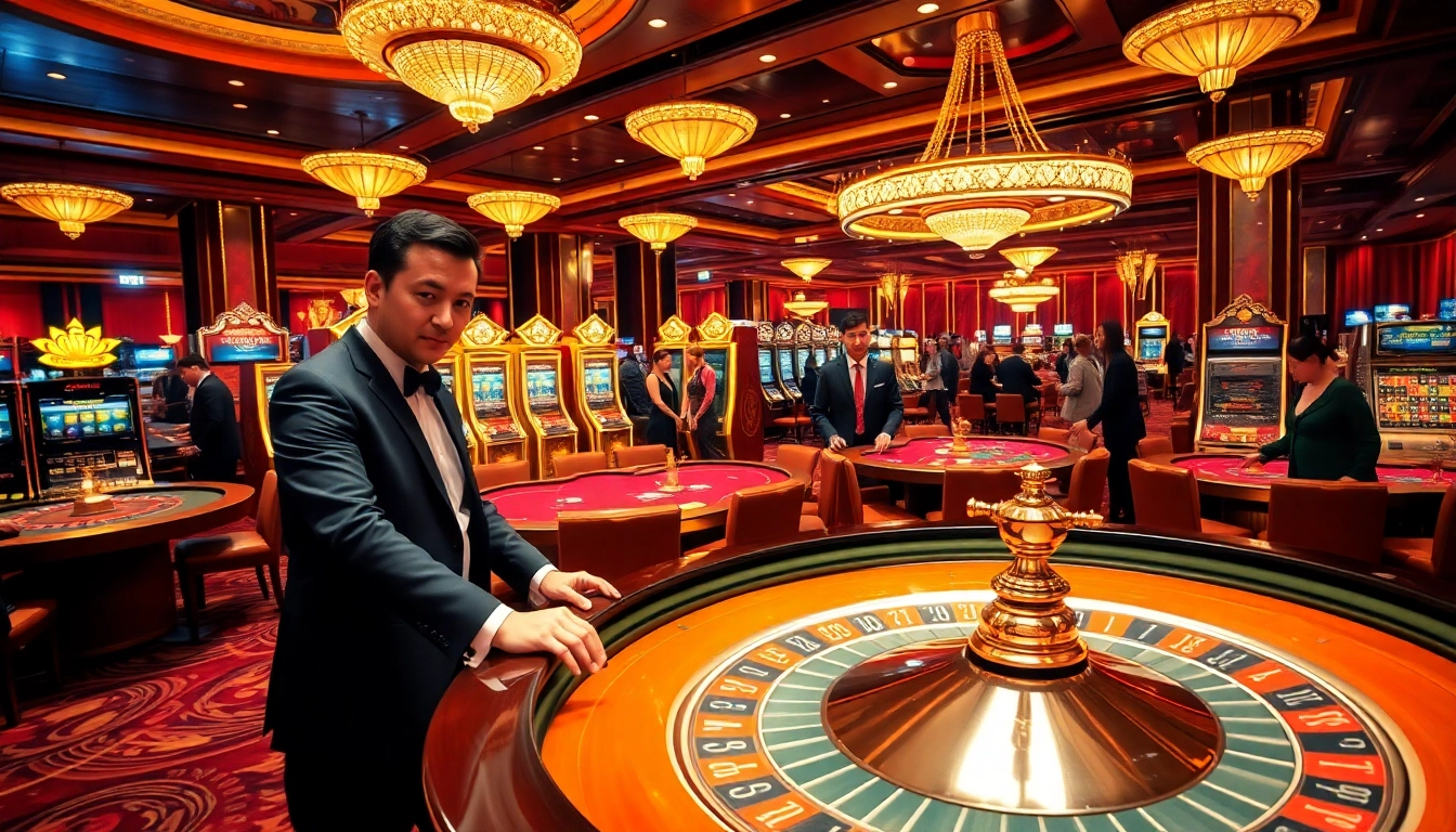 Gamblers experiencing excitement at 8KBET's luxurious casino with roulette and slot machines.