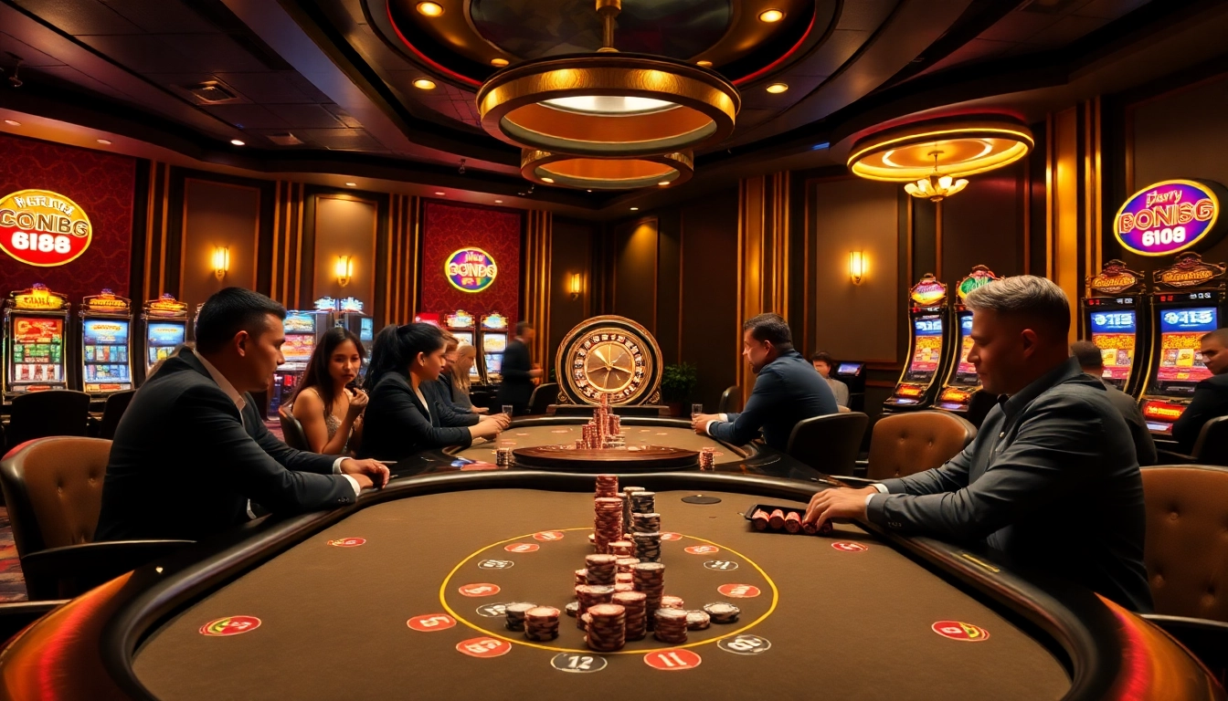 Players enjoying high-stakes poker at the Good88 casino with vibrant atmosphere.