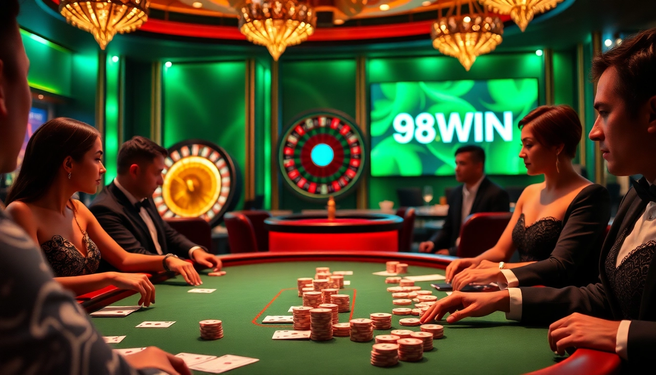 Experience a thrilling poker game at 98WIN casino, showcasing vibrant chips and cards on a luxurious table.