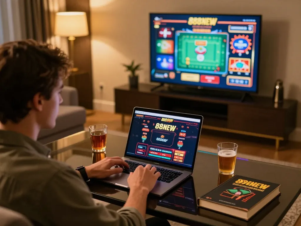 Engaging with the 888NEW casino app on a luxury laptop in a stylish home gaming setup.
