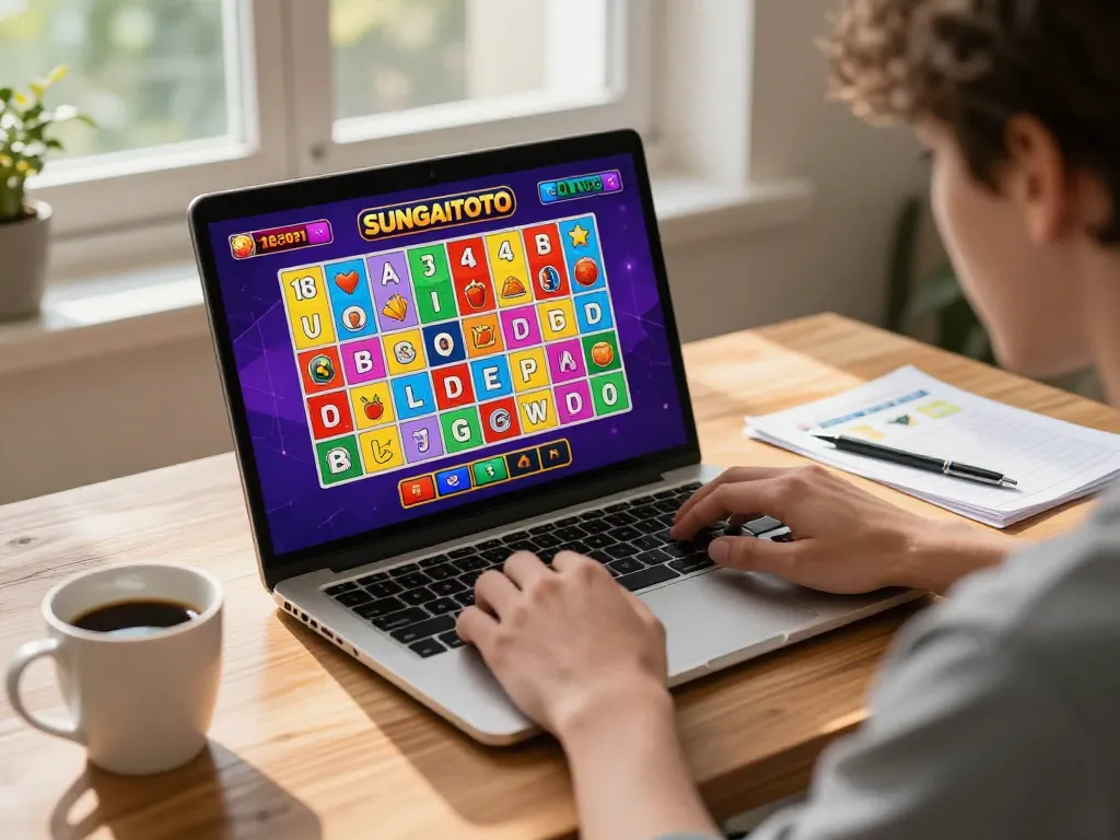 SUNGAITOTO player examining bingo cards online from a cozy home setup, emphasizing strategic gameplay.
