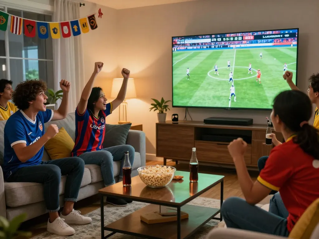 Friends enjoying a live LuongSonTV football match in a cozy living room setting, showcasing shirts, snacks, and excitement.